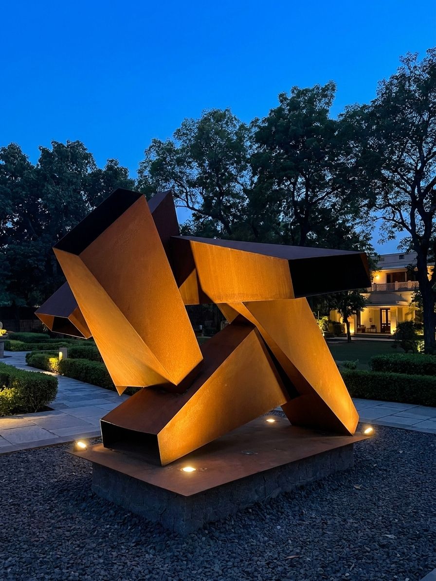 Angular corten sculpture at dusk