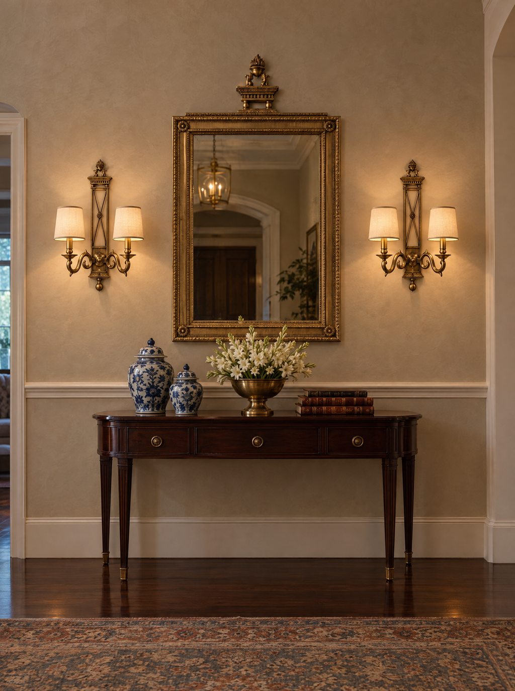 A pair of Directoire wall lights lit either side of a gilt mirror above a mahogany console in an entrance hall