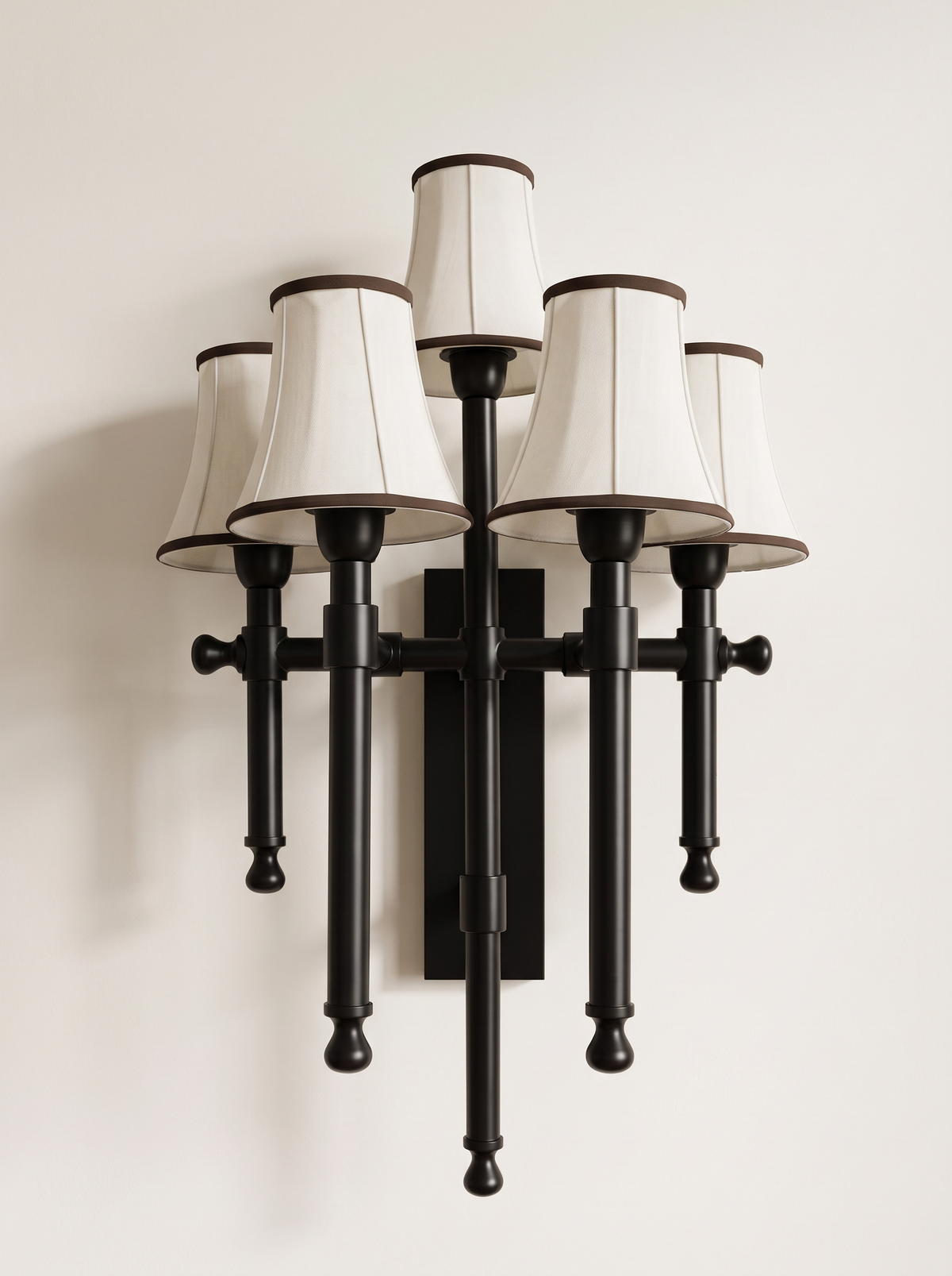 Flambeau Five-Light Wall Light, five matt black steel torch uprights with off-white fabric bell shades, front view
