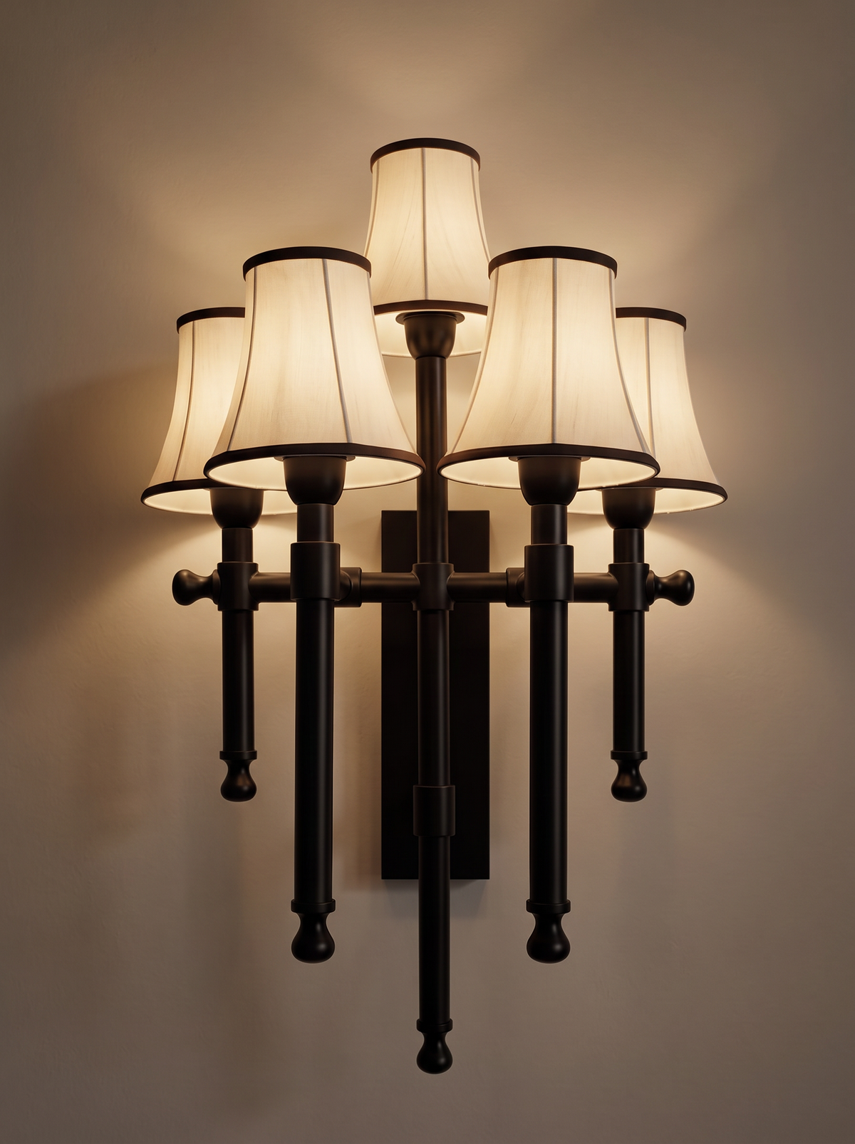 Flambeau Five-Light Wall Light switched on, five fabric shades glowing warm cream