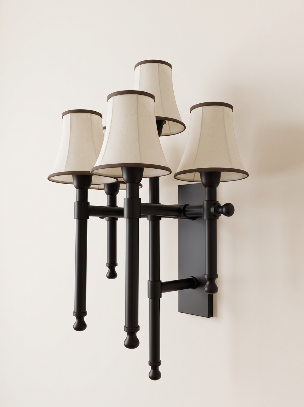 Flambeau Five-Light Wall Light three-quarter view, showing the staggered torch uprights and the standoff from the backplate