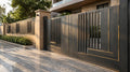 Modern charcoal aluminium main gate with slim brass accent lines and a matching compound-wall grill by Delhi Brass