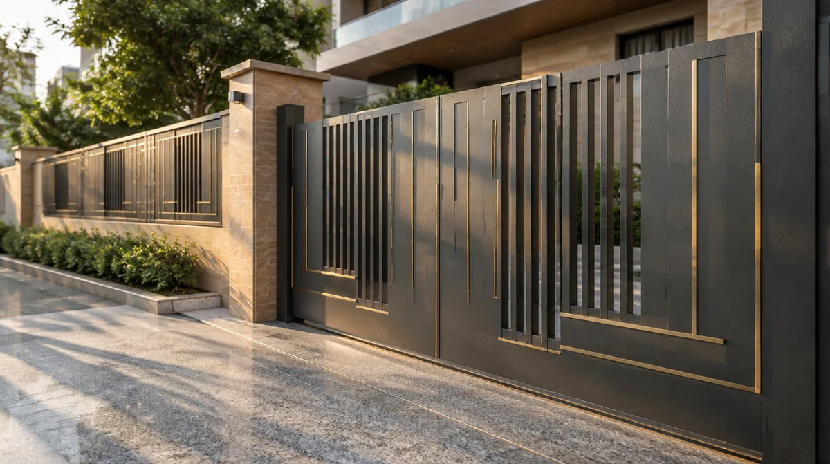 Modern charcoal aluminium main gate with slim brass accent lines and a matching compound-wall grill by Delhi Brass