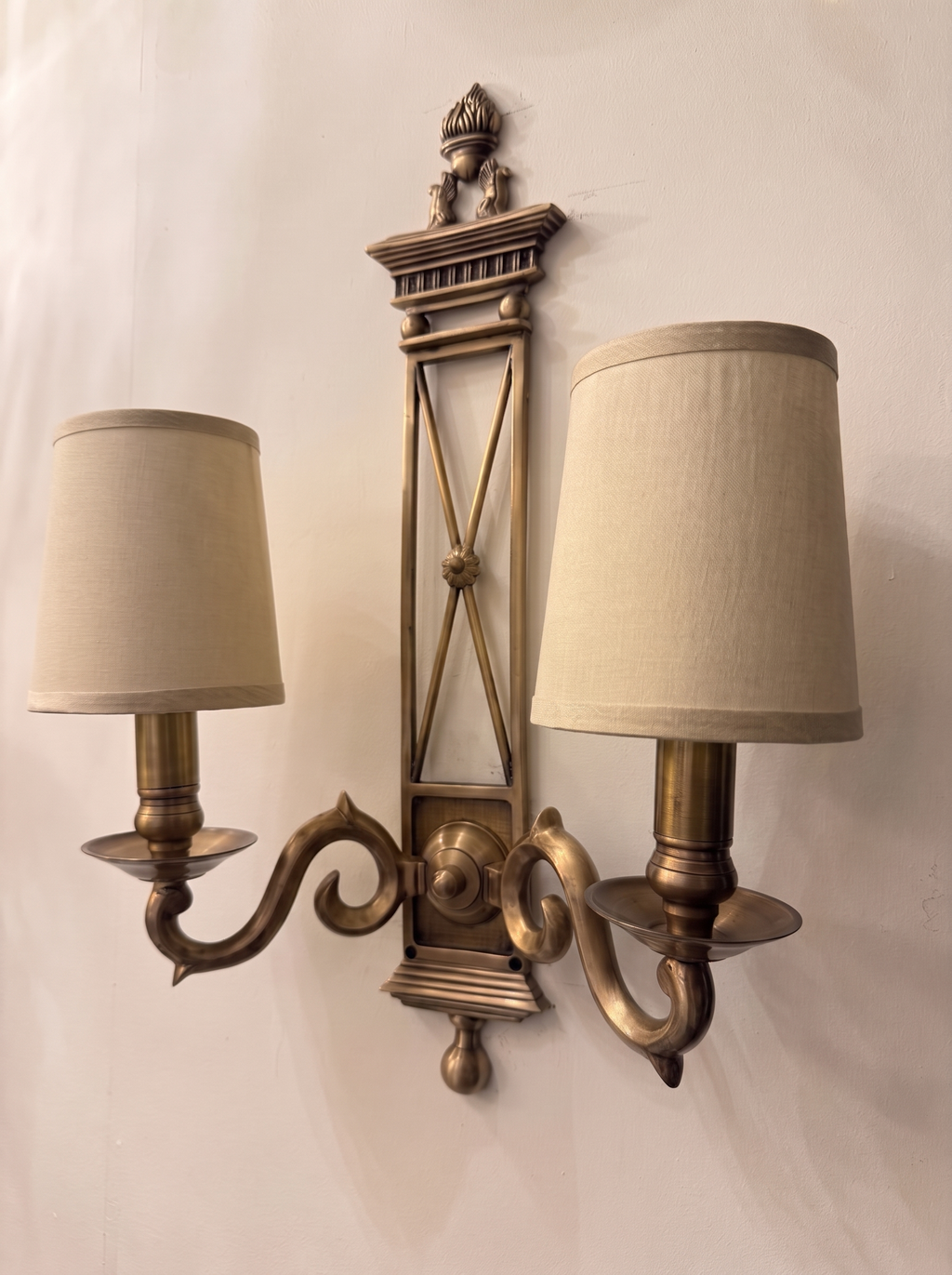 Directoire Double Wall Light three-quarter view showing the scroll arms projecting from the wall