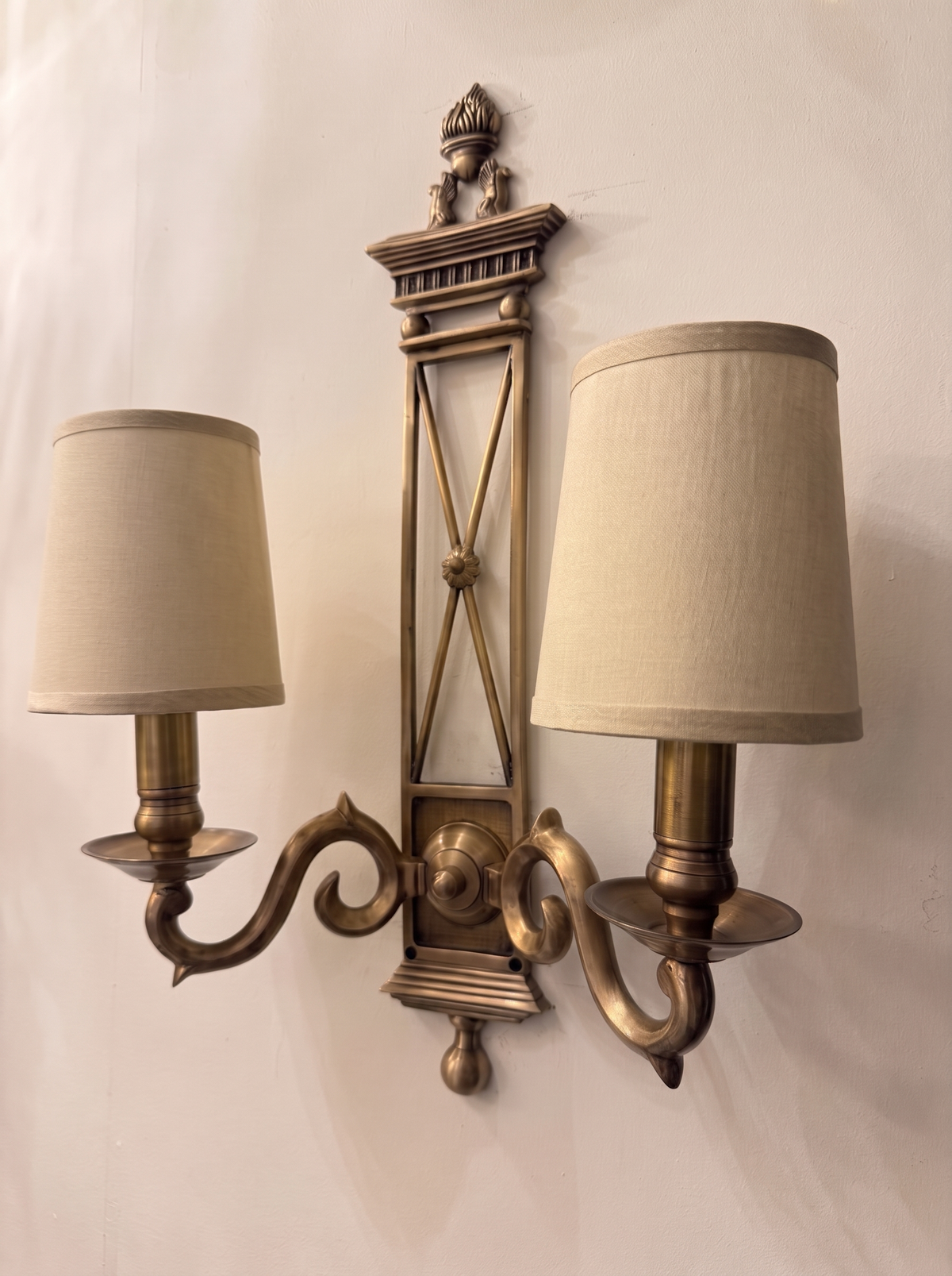 Directoire Double Wall Light three-quarter view showing the scroll arms projecting from the wall