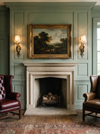Chasse Cast Brass Single Wall Light, pair flanking a fireplace in a sitting room