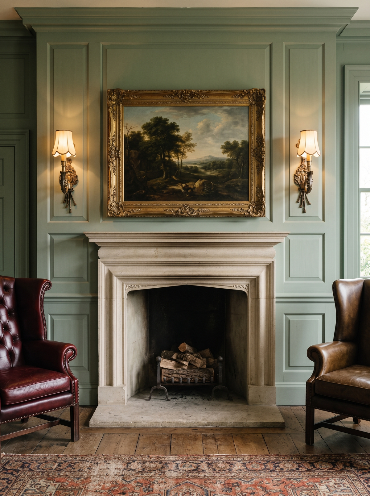 Chasse Cast Brass Single Wall Light, pair flanking a fireplace in a sitting room