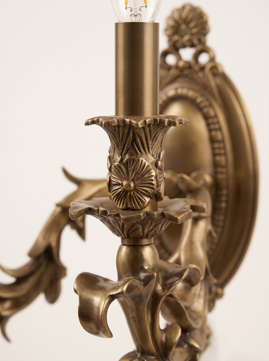 Feuillage Cast Brass Double Wall Light, flower candle cup and acanthus detail