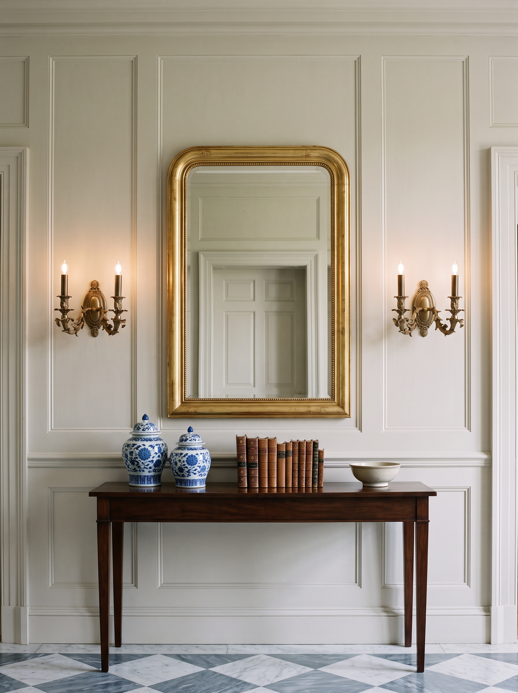 Feuillage Cast Brass Double Wall Light, pair flanking a gilt mirror in an entrance hall