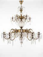 Durbar Two-Tier Brass and Crystal Chandelier, antique brass scroll arms, diamond-cut crystal globe and spear prisms, front view
