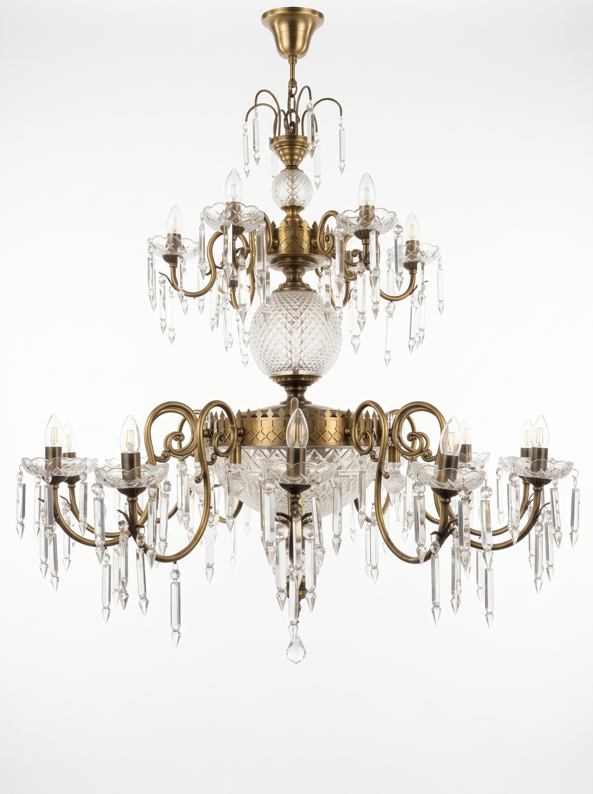 Durbar Two-Tier Brass and Crystal Chandelier, antique brass scroll arms, diamond-cut crystal globe and spear prisms, front view