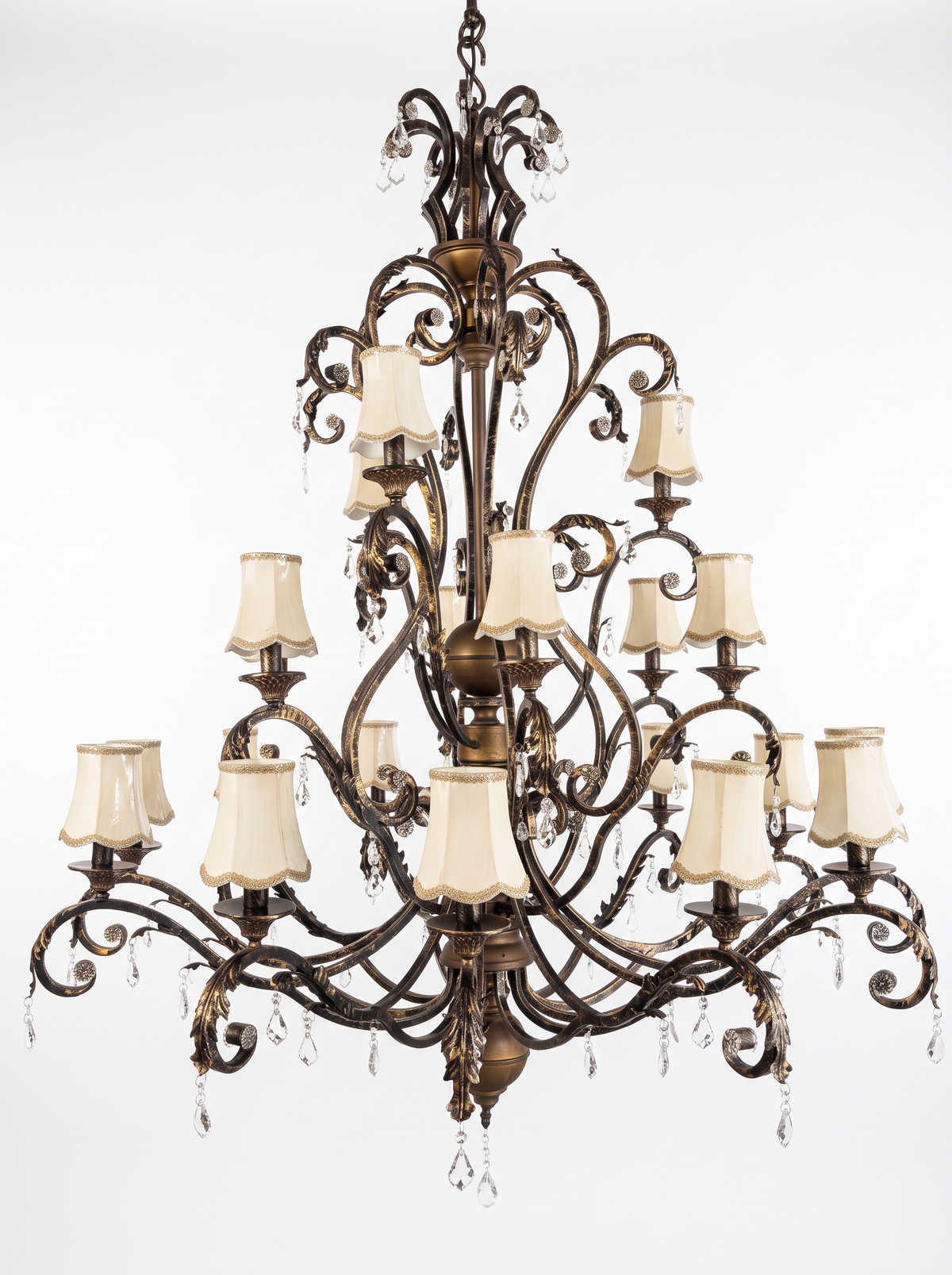 Toledo 21-Light Black and Gold Tiered Chandelier, three tiers of black scrolls brushed with gold, crystal drops and ivory embroidered shades, front view