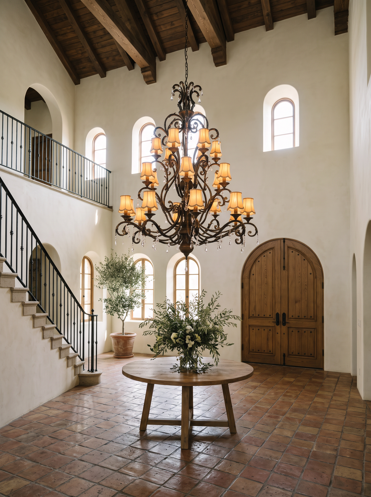 Toledo chandelier lit above a round oak table in a double-height Mediterranean villa hall with timber beams, terracotta floor and arched doors