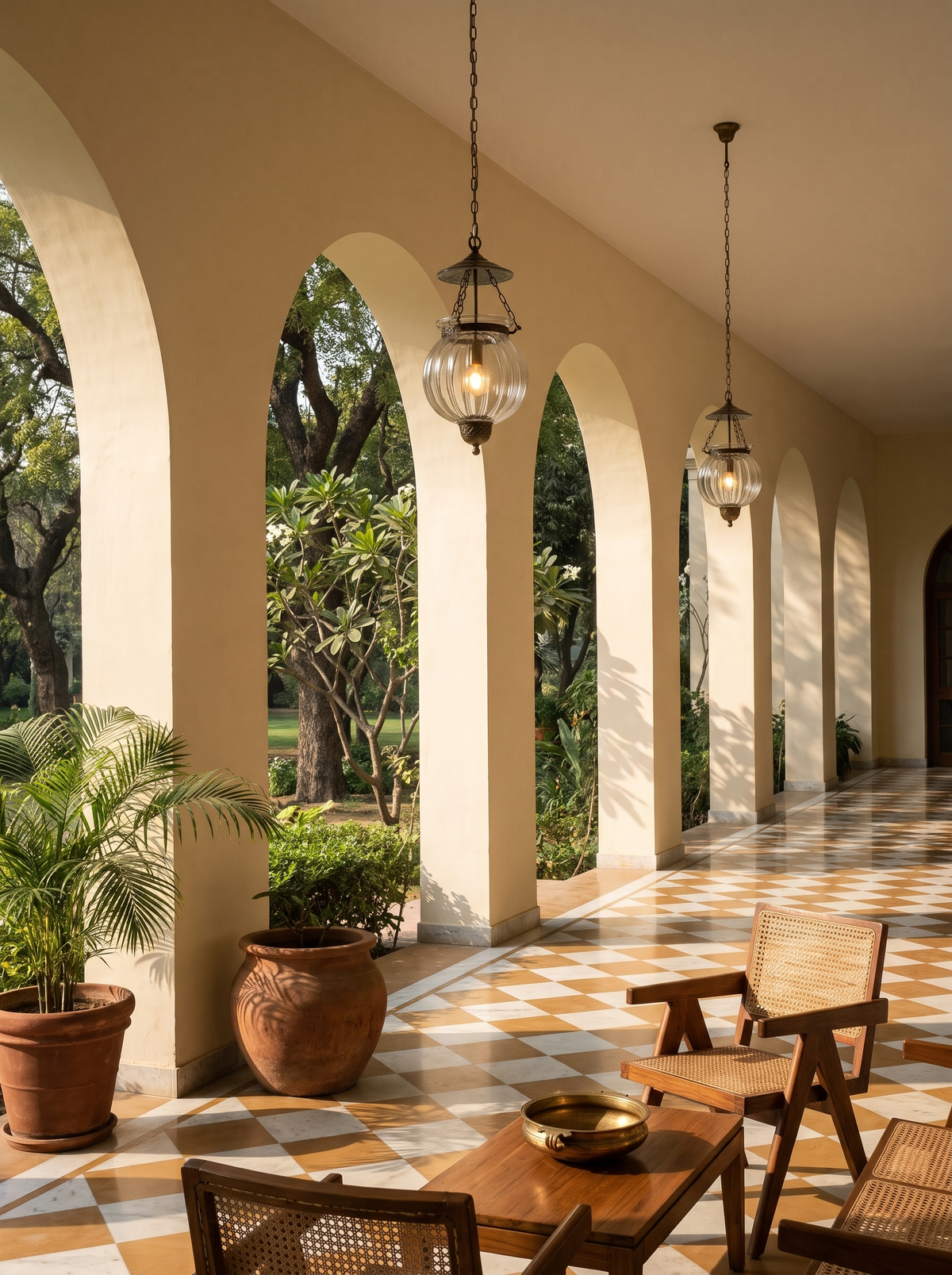 A pair of Repoussé Brass Lantern Pendants lit in the arched verandah of a farmhouse with checkerboard marble and cane chairs