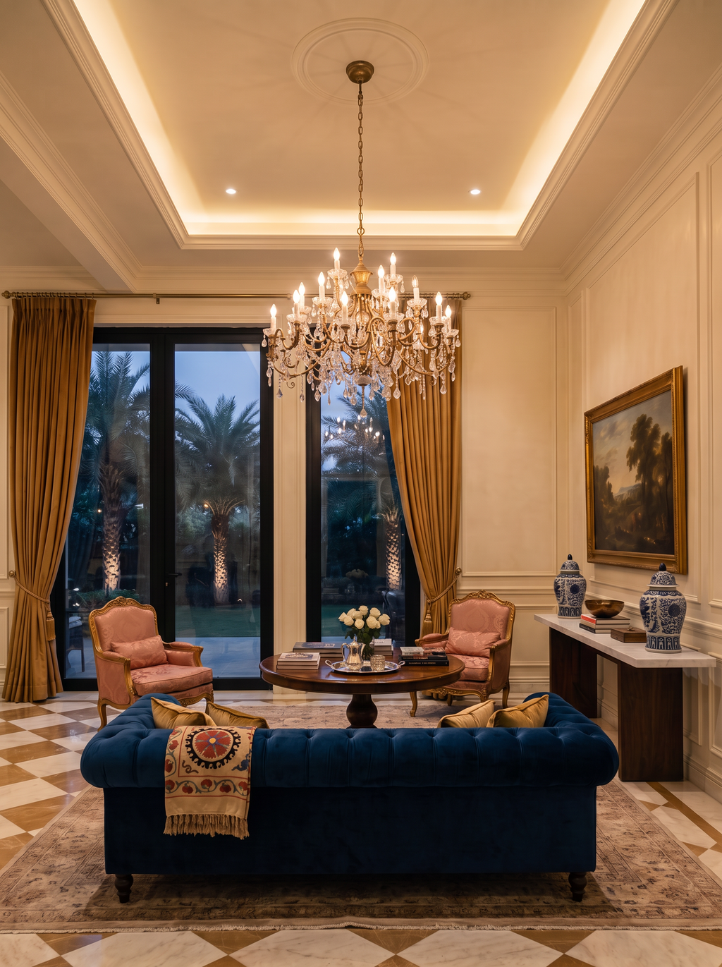 Firenze chandelier lit in a farmhouse drawing room with a sapphire velvet Chesterfield, gold silk curtains, a cove ceiling and a marble-topped console