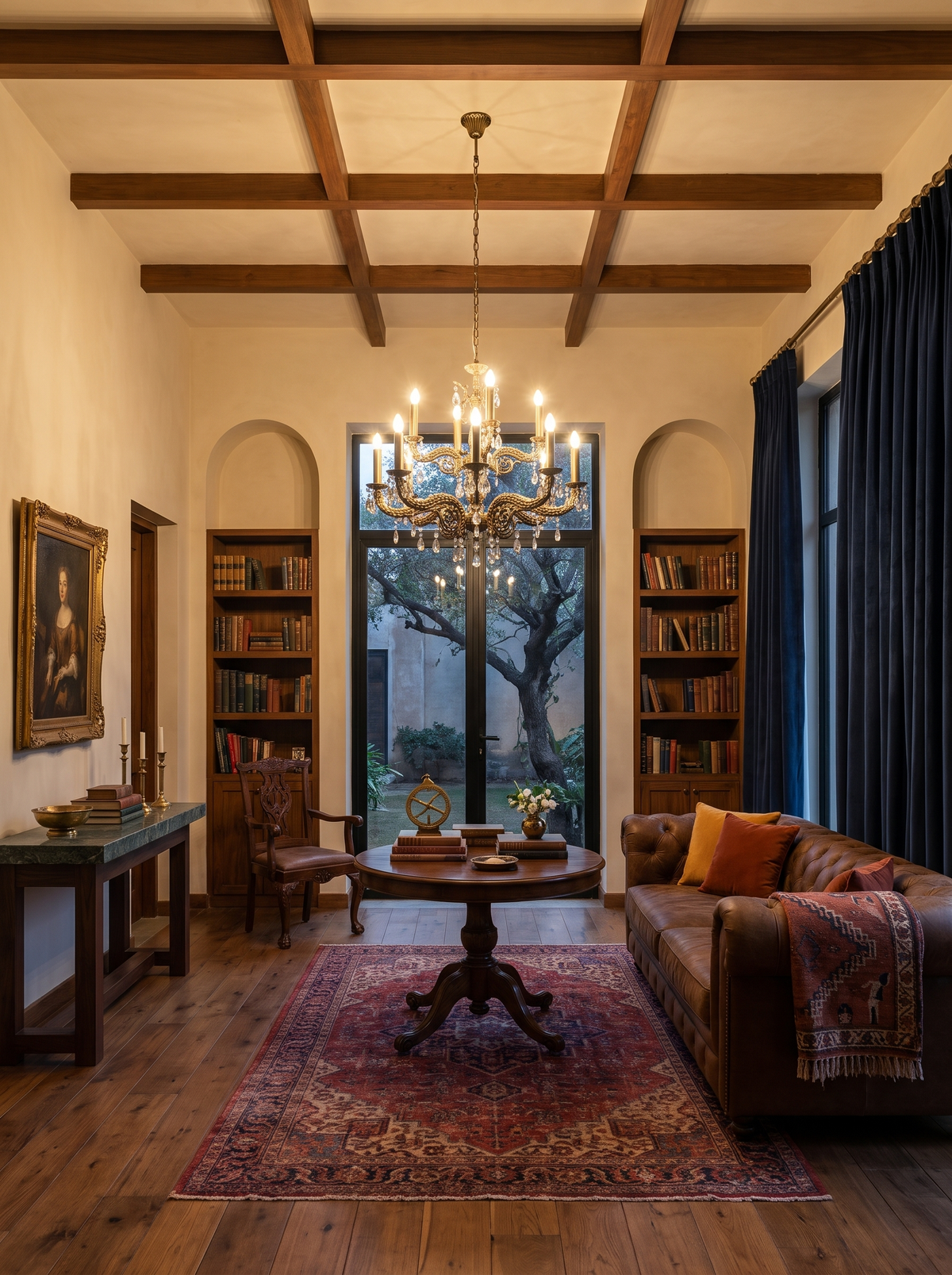Granada chandelier lit in a farmhouse library with teak beams, arched bookshelves, a tobacco leather Chesterfield and indigo velvet curtains