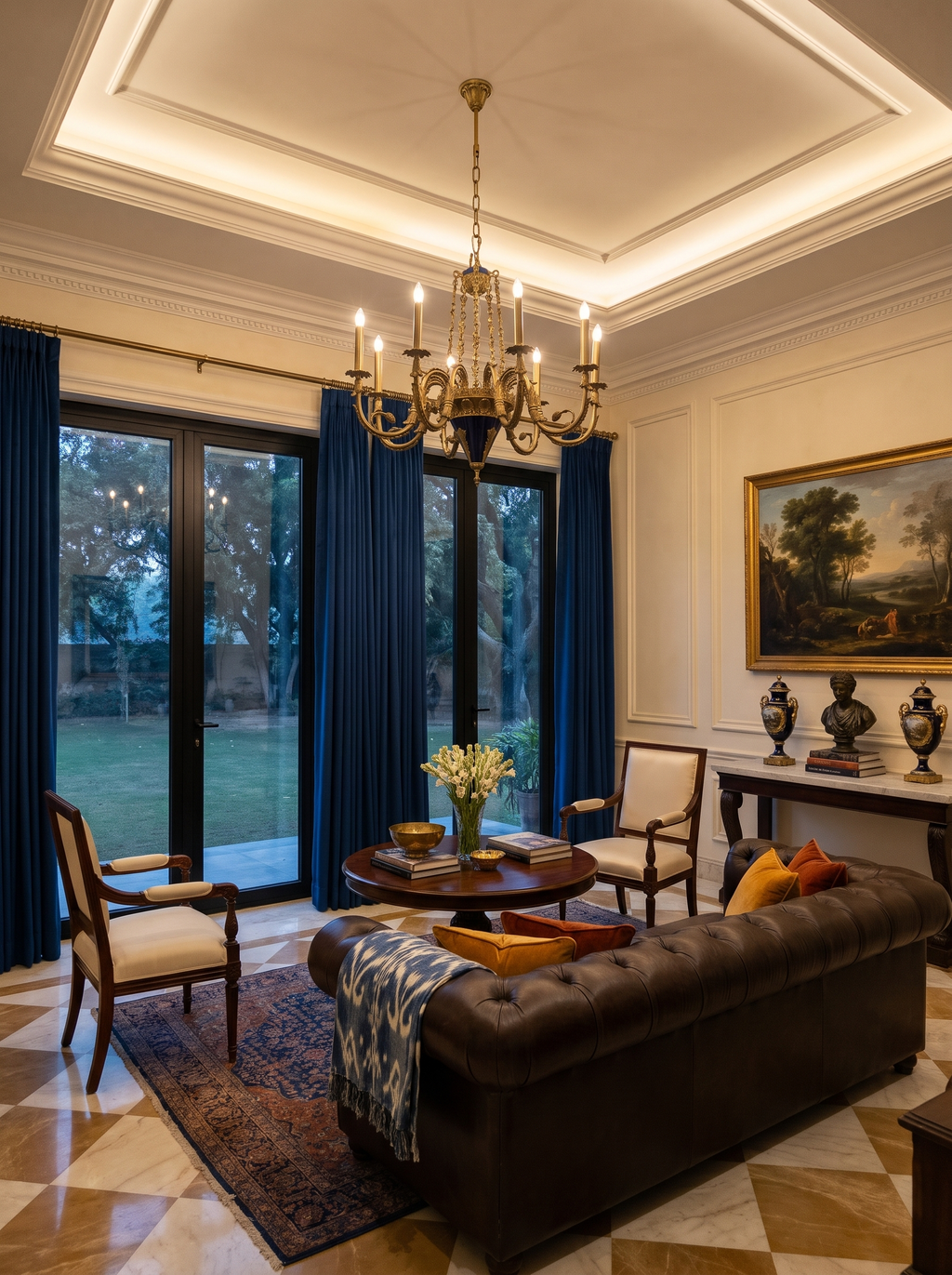 Neva chandelier lit in a farmhouse drawing room with cobalt velvet curtains, a chocolate leather Chesterfield and a marble console with blue urns