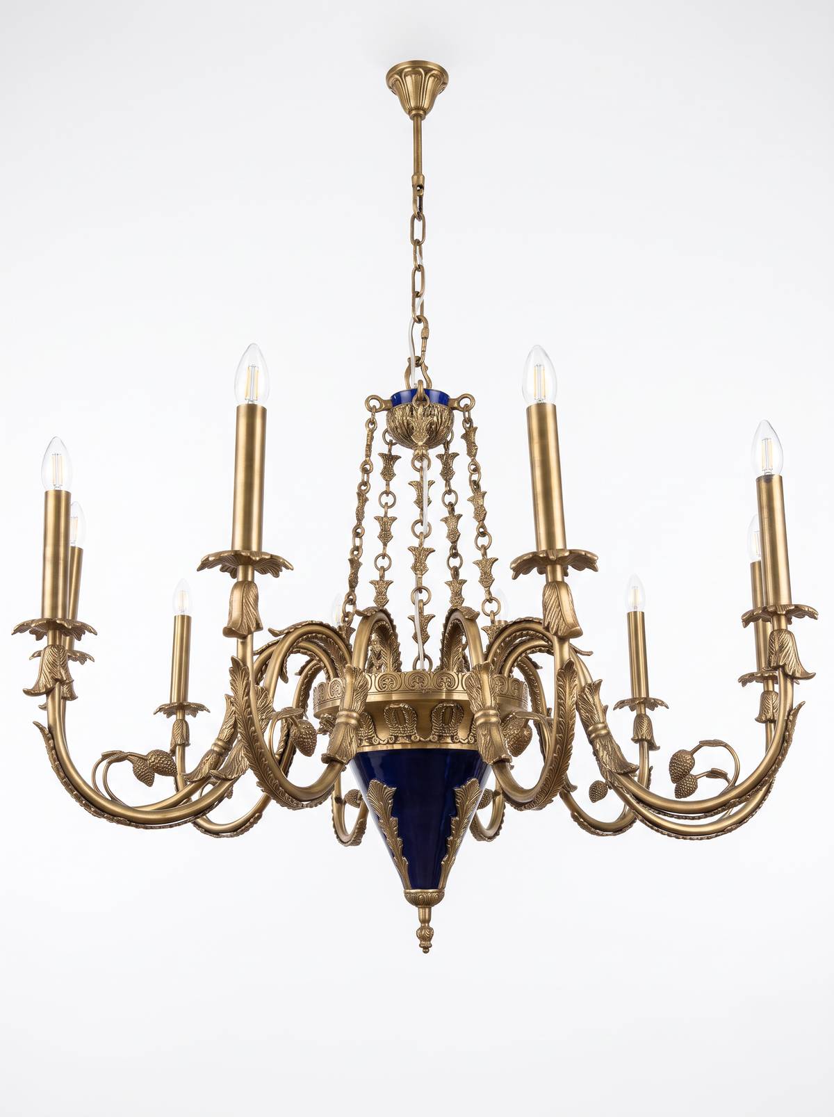 Neva 10-Light Cast Brass and Cobalt Chandelier, a cobalt-blue body with cast brass leaf chains, anthemion gallery and ten acanthus candle arms, front view
