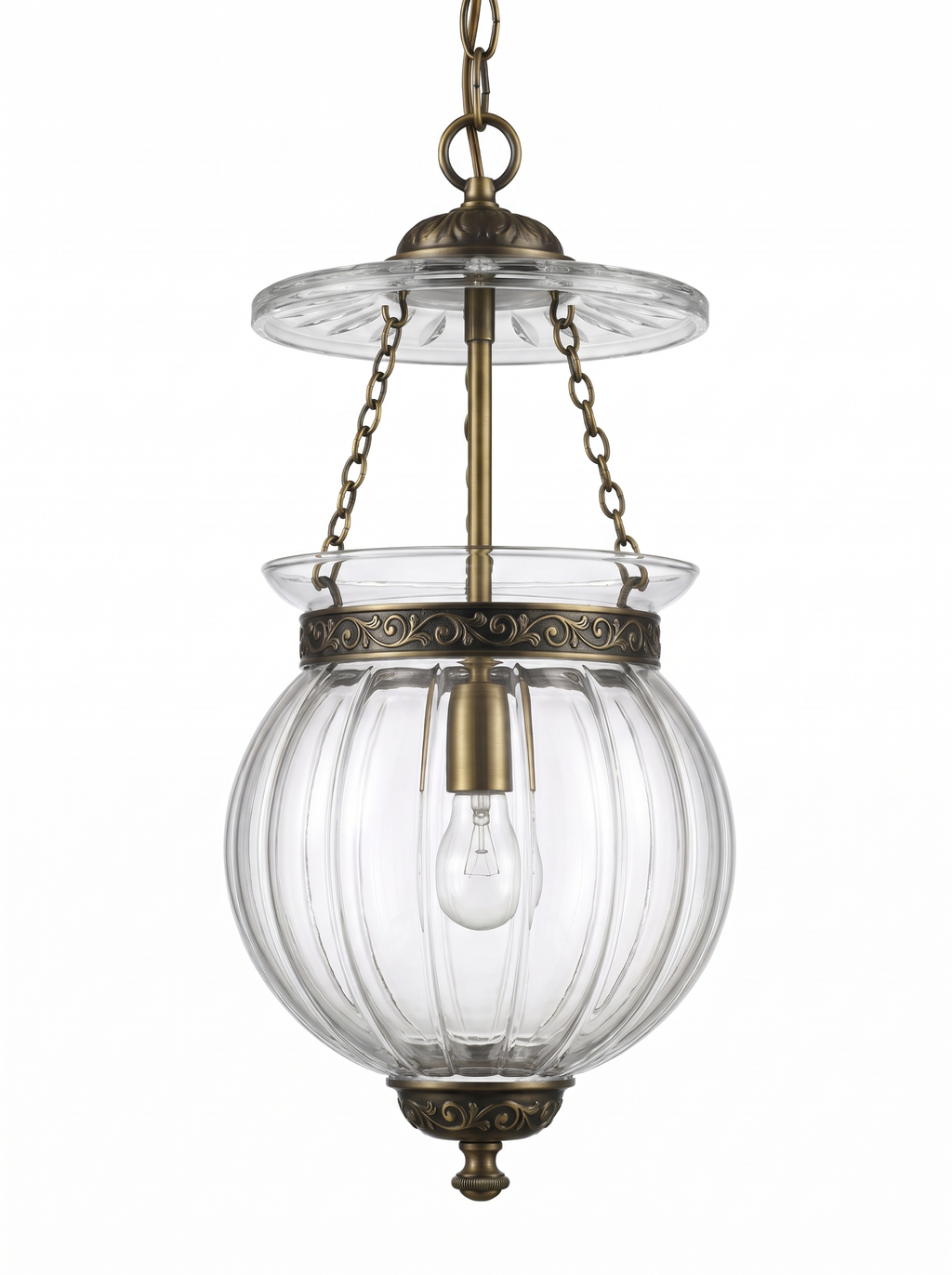 Repoussé Brass Lantern Pendant, a ribbed melon glass bell jar with a cut-glass smoke plate, brass chains and hand-embossed scroll repoussé bands, front view