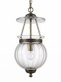 Repoussé Brass Lantern Pendant, a ribbed melon glass bell jar with a cut-glass smoke plate, brass chains and hand-embossed scroll repoussé bands, front view