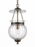 Repoussé Brass Lantern Pendant, a ribbed melon glass bell jar with a cut-glass smoke plate, brass chains and hand-embossed scroll repoussé bands, front view