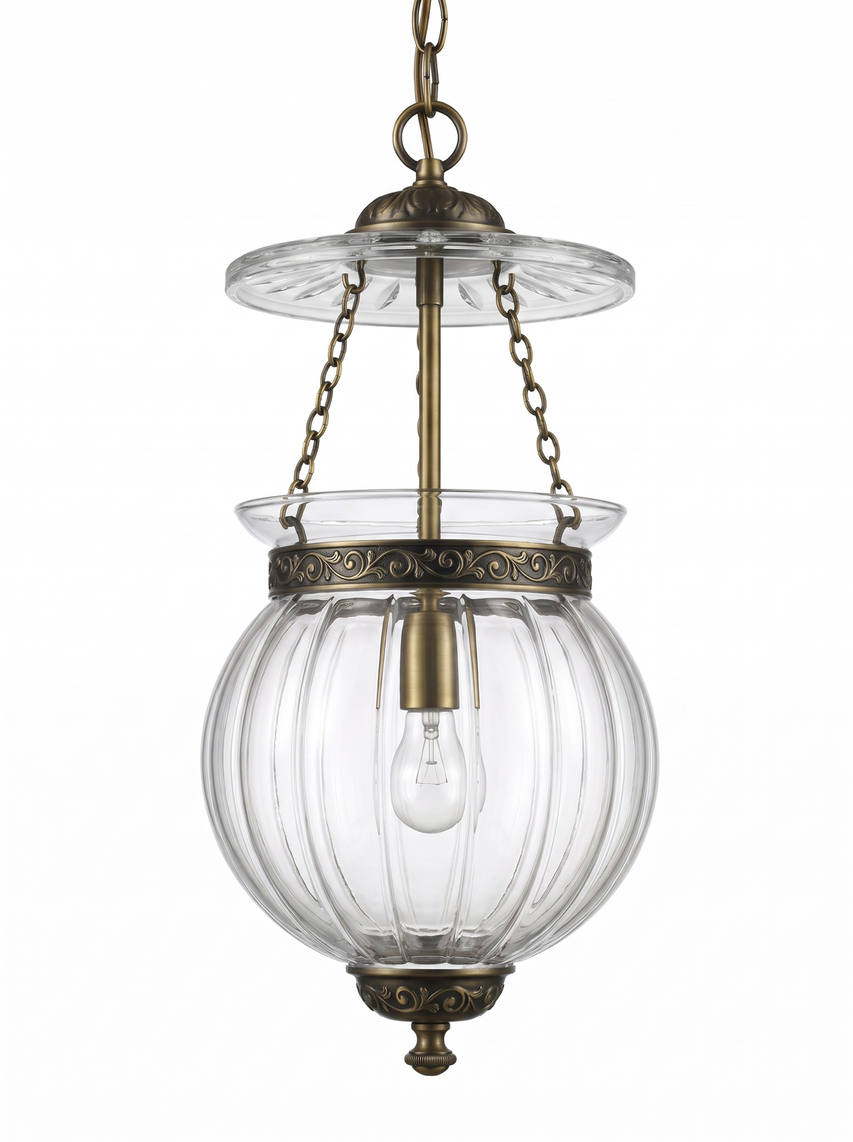 Repoussé Brass Lantern Pendant, a ribbed melon glass bell jar with a cut-glass smoke plate, brass chains and hand-embossed scroll repoussé bands, front view