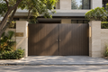 Aureline fluted aluminium main gate in dark architectural bronze finish