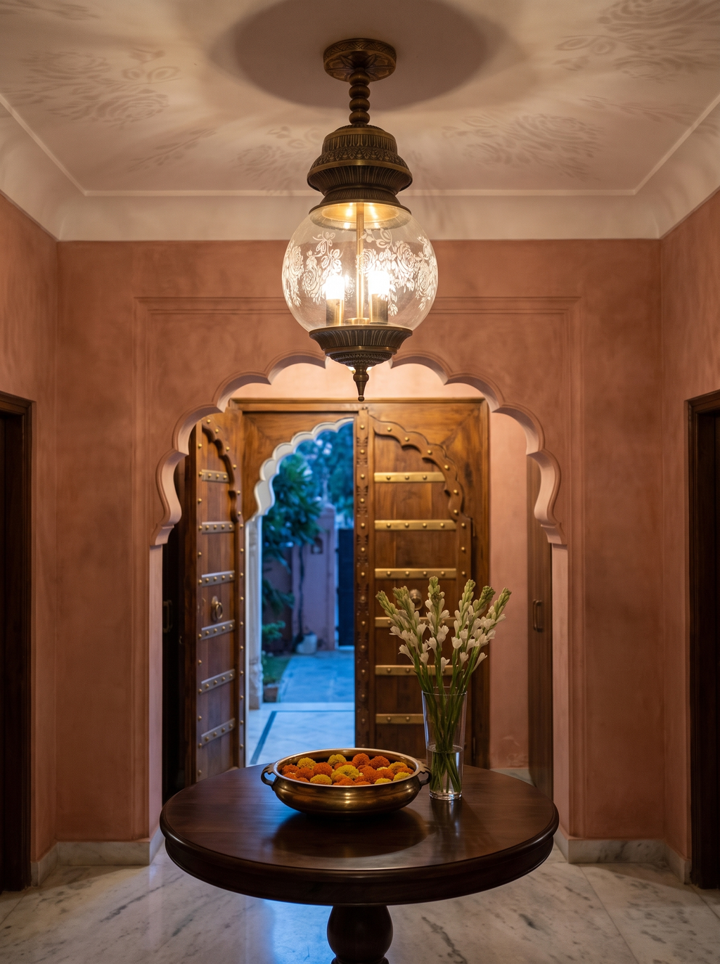Qandeel Pendant Light glowing above a round walnut table in front of a carved arched doorway in a foyer