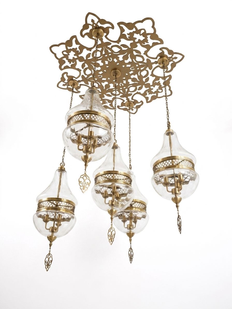 Brass Blossom Cluster, a brass and fabric chandelier, studio photograph on a white background