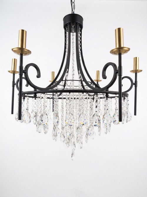 Bead Cascade, a iron and crystal and brass chandelier, studio photograph on a white background