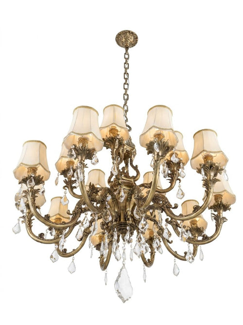 Baroque Foliage, a brass and fabric and crystal chandelier, studio photograph on a white background