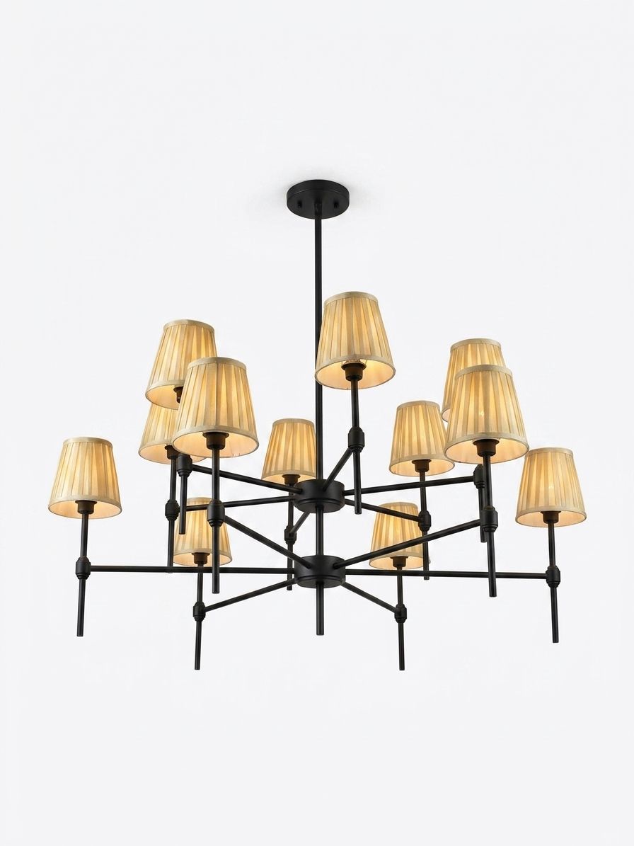 Radiant Geometry, a iron and fabric chandelier, studio photograph on a white background
