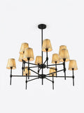 Radiant Geometry, a iron and fabric chandelier, studio photograph on a white background