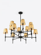 Radiant Geometry, a iron and fabric chandelier, studio photograph on a white background
