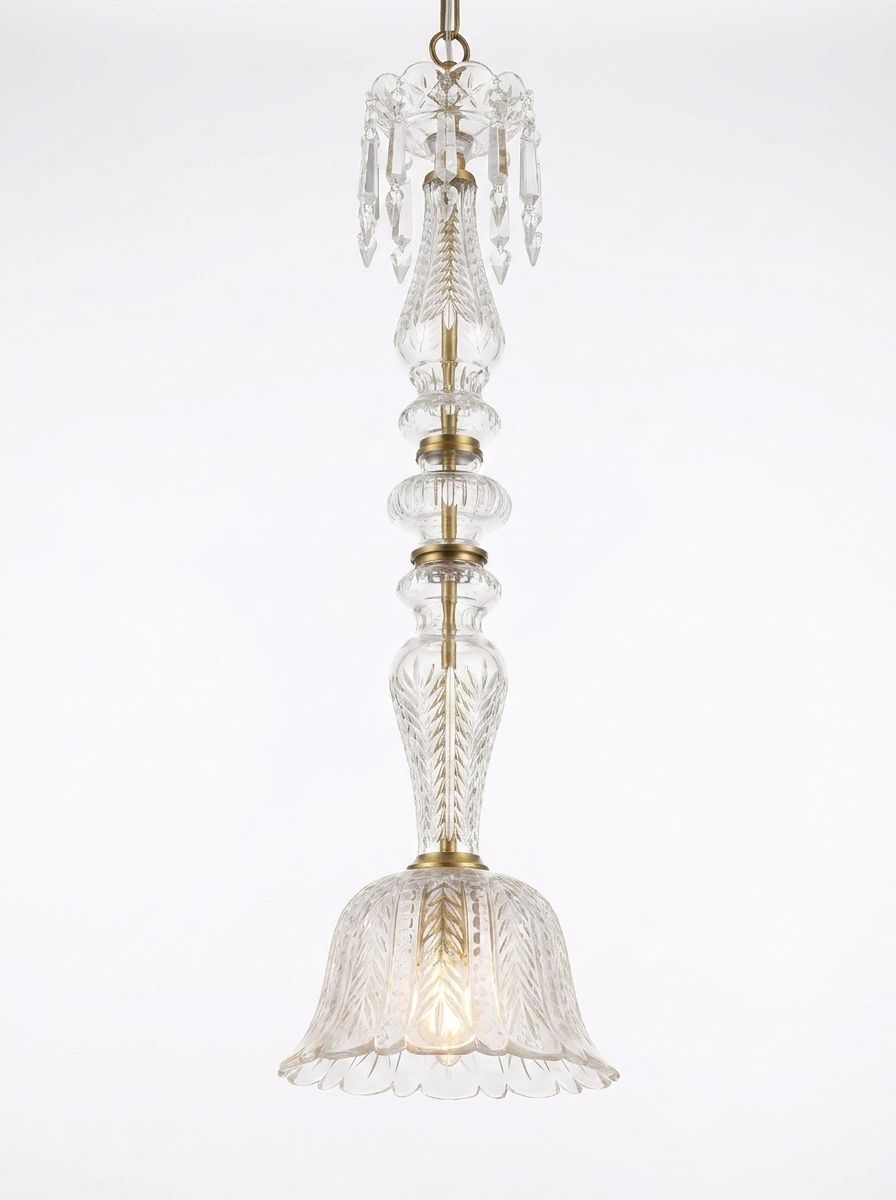 Crystal Bell Pendant, a crystal and brass and glass chandelier, studio photograph on a white background