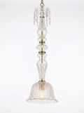 Crystal Bell Pendant, a crystal and brass and glass chandelier, studio photograph on a white background