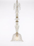 Crystal Bell Pendant, a crystal and brass and glass chandelier, studio photograph on a white background