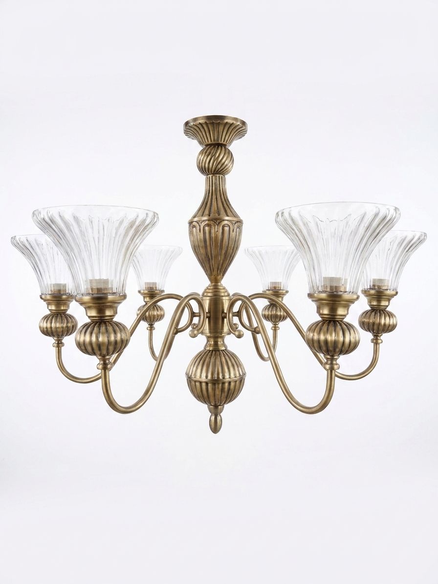 Meridian Brass, a brass and glass chandelier, studio photograph on a white background