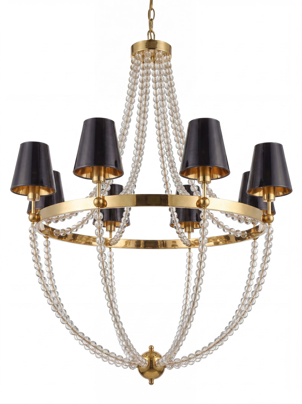 Swag Constellation, a brass and crystal and fabric chandelier, studio photograph on a white background