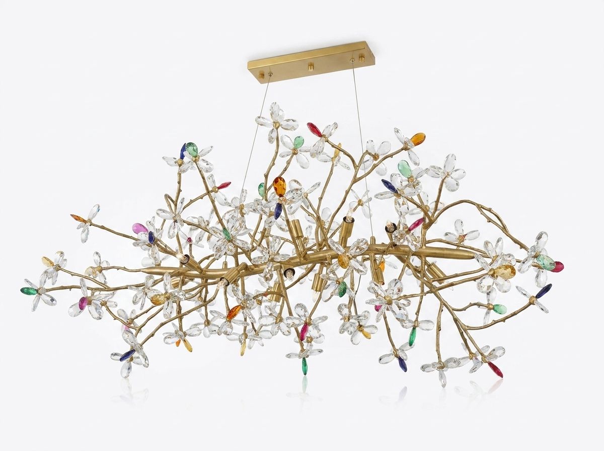 Crystal Blossom, a brass and crystal and glass chandelier, studio photograph on a white background