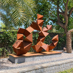 Open branching geometric metal sculpture at Westend Greens, angled view