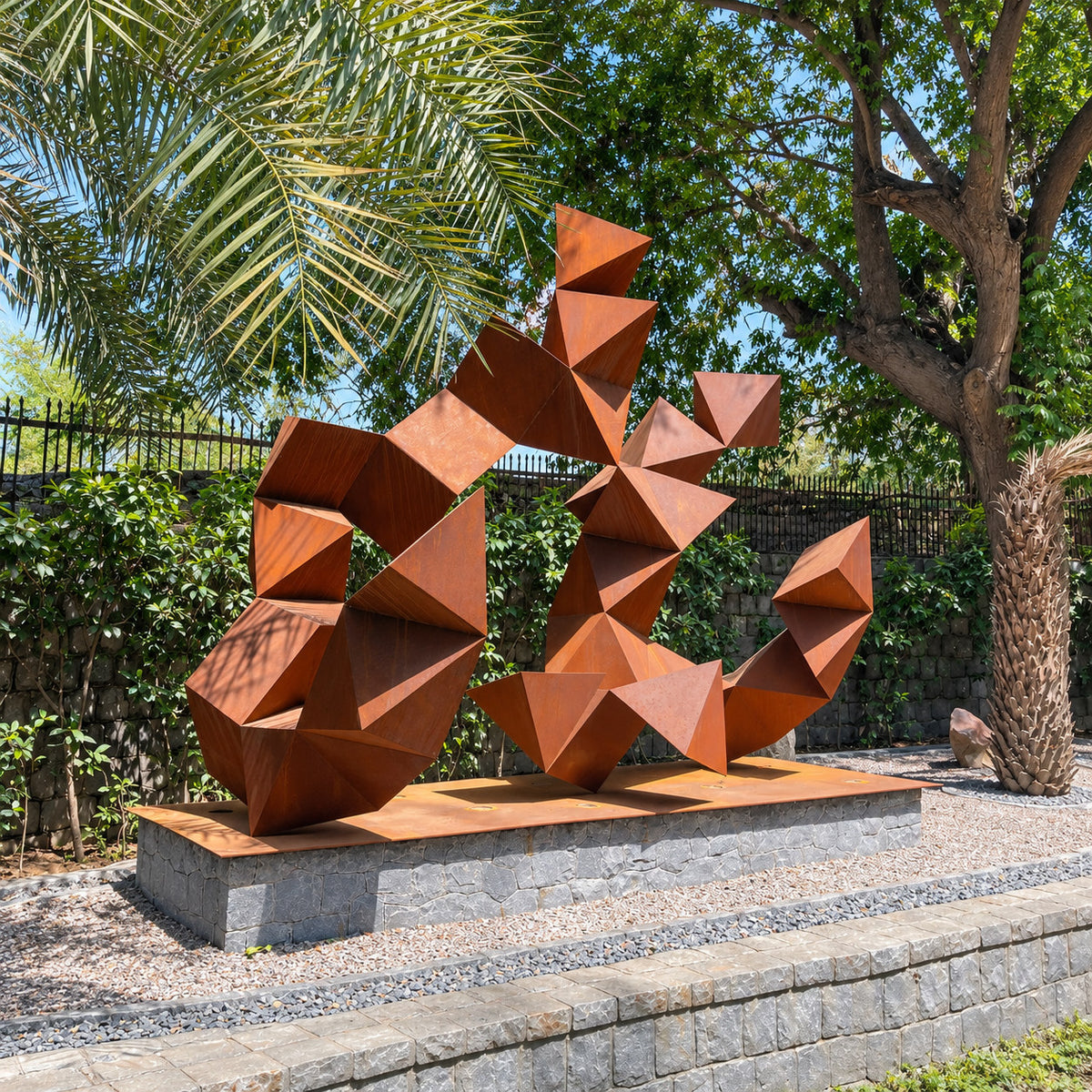 Open branching geometric metal sculpture at Westend Greens, angled view