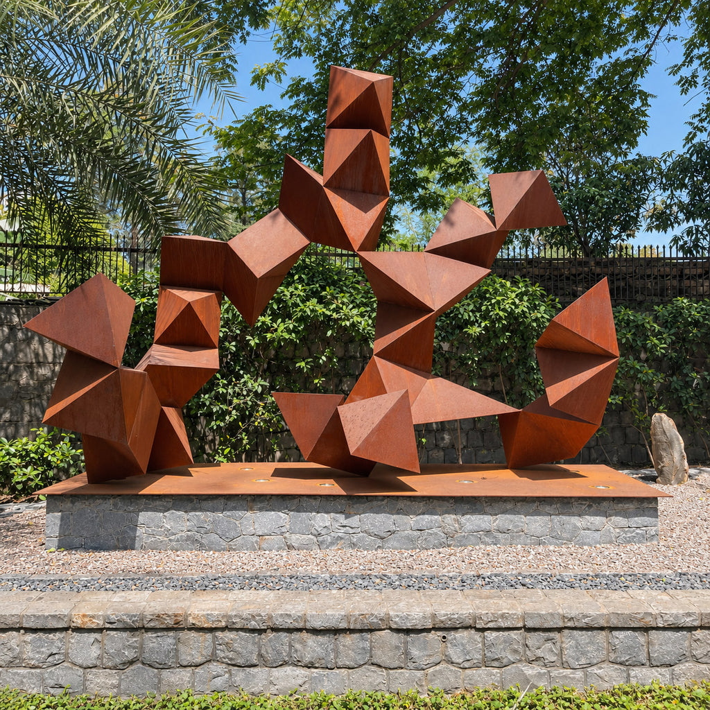 Open branching geometric metal sculpture at Westend Greens, front view
