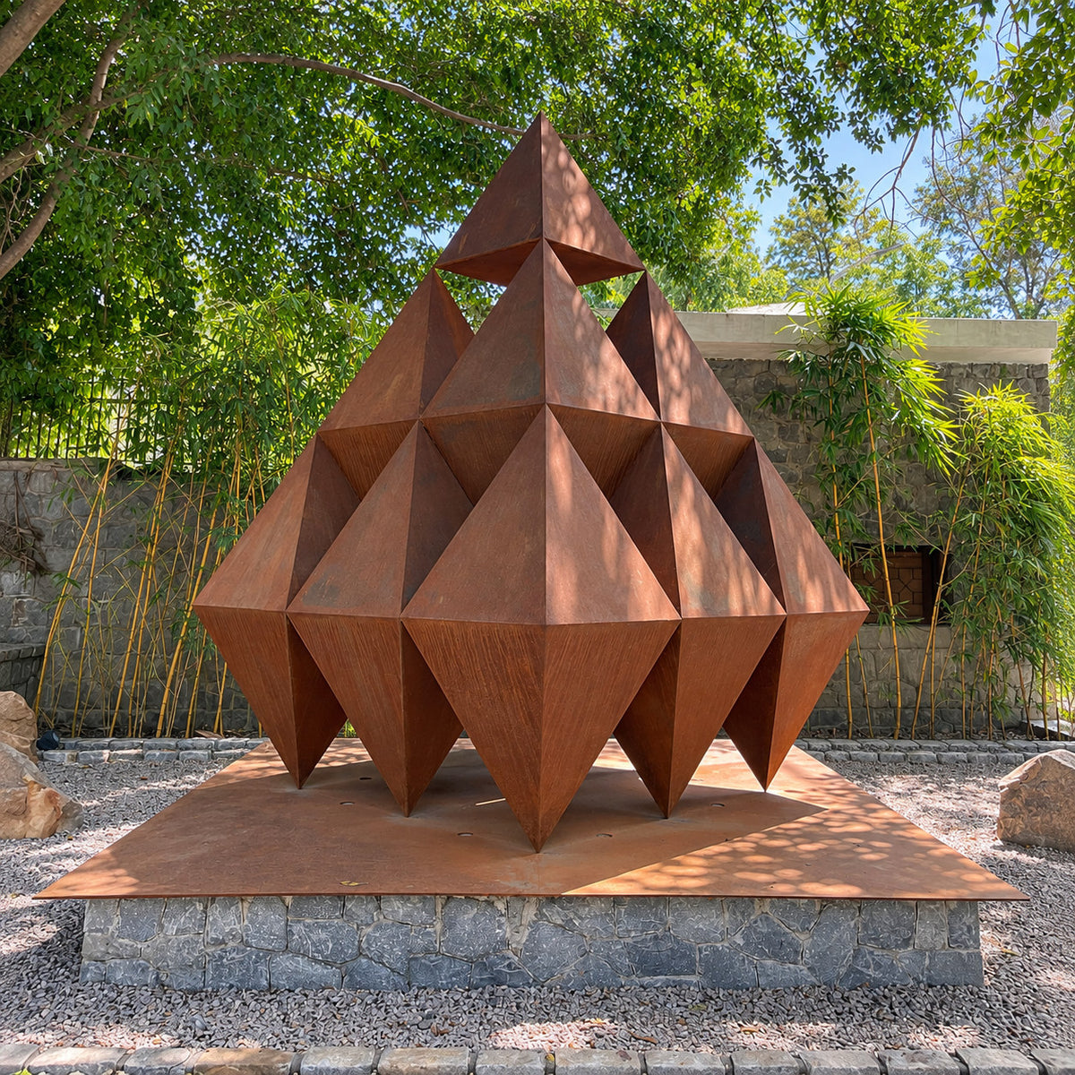 Triangular facet metal sculpture at Westend Greens from another angle