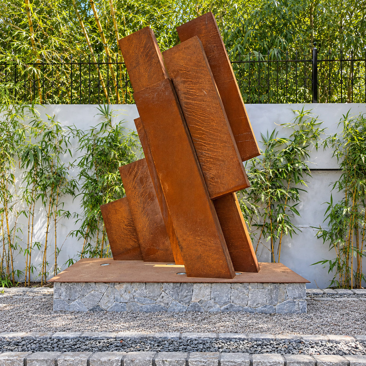 Overlapping upright metal planes sculpture at Westend Greens, front view