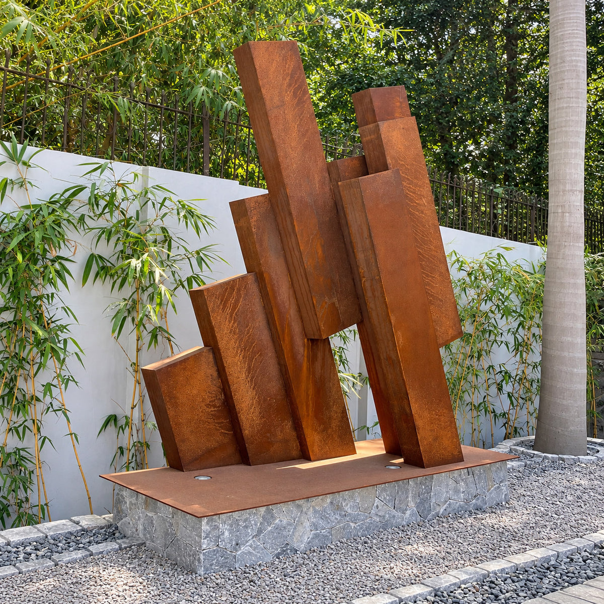 Overlapping upright metal planes sculpture at Westend Greens, side view